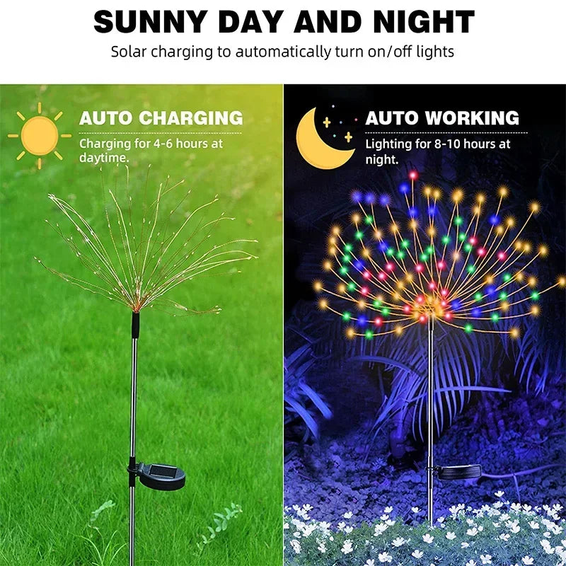 Solar firework garden lights with auto charging feature for daytime use and colorful lighting at night