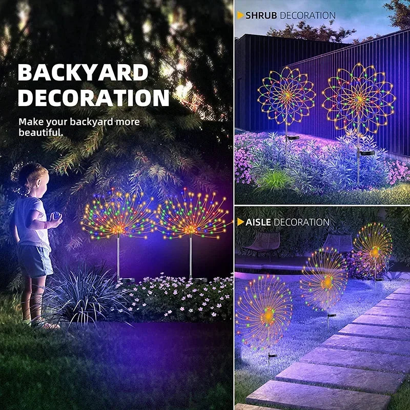 Colorful display of solar firework garden lights enhancing backyard decoration with vibrant designs