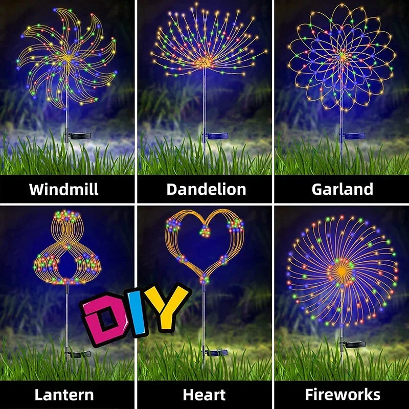 Nutshell solar firework garden lights in various designs including windmill, dandelion, and heart shapes