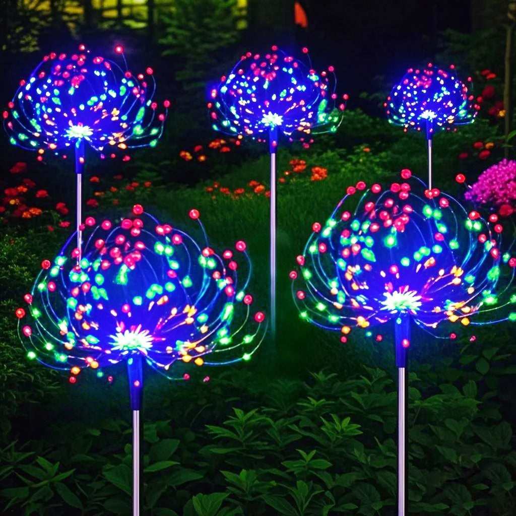 Colorful solar fireworks lights outdoor displayed in a garden setting for enchanting nighttime ambiance