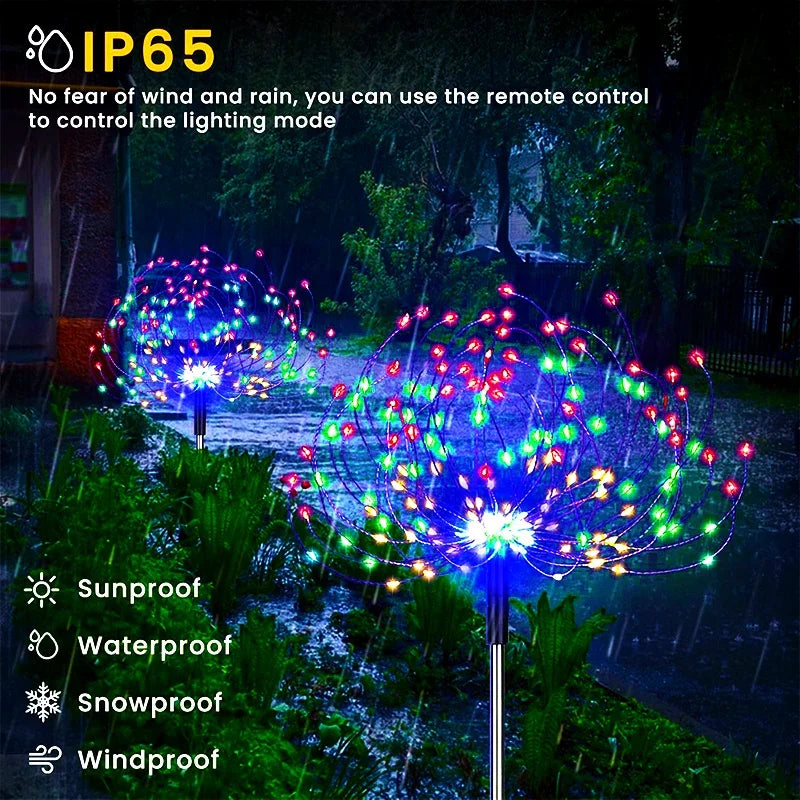 Decorative solar fireworks lights outdoor with colorful lights, IP65 waterproof, remote control for various lighting modes