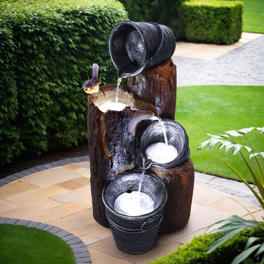 Nutshell Solar Fountain Water Feature with cascading water buckets for garden decoration