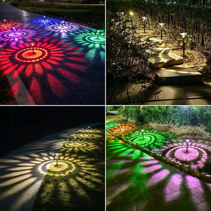 Nutshell solar pathway lights outdoor waterproof casting colorful floral patterns on a pathway
