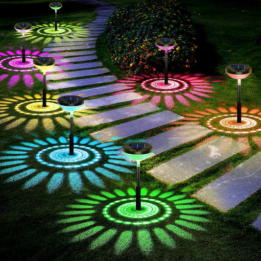 Nutshell solar pathway lights outdoor waterproof illuminating a garden walkway with colorful patterns