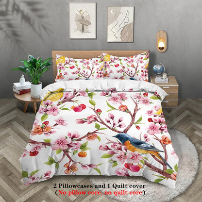 Nutshell spring bird flower bedding set with pink blossoms and colorful bird on white duvet cover