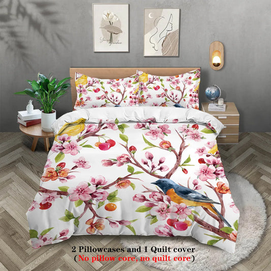 Nutshell spring bird flower bedding set with pink blossoms and colorful bird on white duvet cover