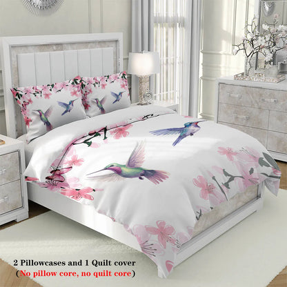 Nutshell spring bird flower bedding set with hummingbird and pink floral design on duvet cover and pillowcases