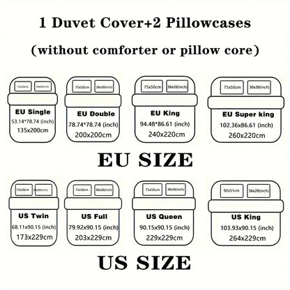 Size chart for duvet cover with 2 pillowcases spring bird flower bedding set available in EU and US sizes
