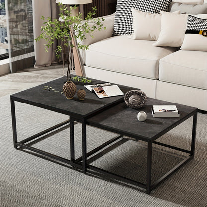 Modern Square Nesting Coffee Table Set with Black Marble Tops and Sleek Metal Frames for Living Room