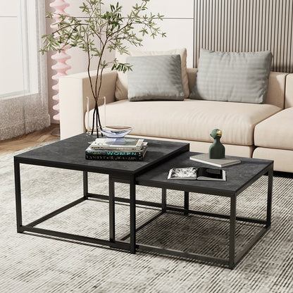 Square Nesting Coffee Table Set in modern design with black stone tops and metal frames for stylish living rooms