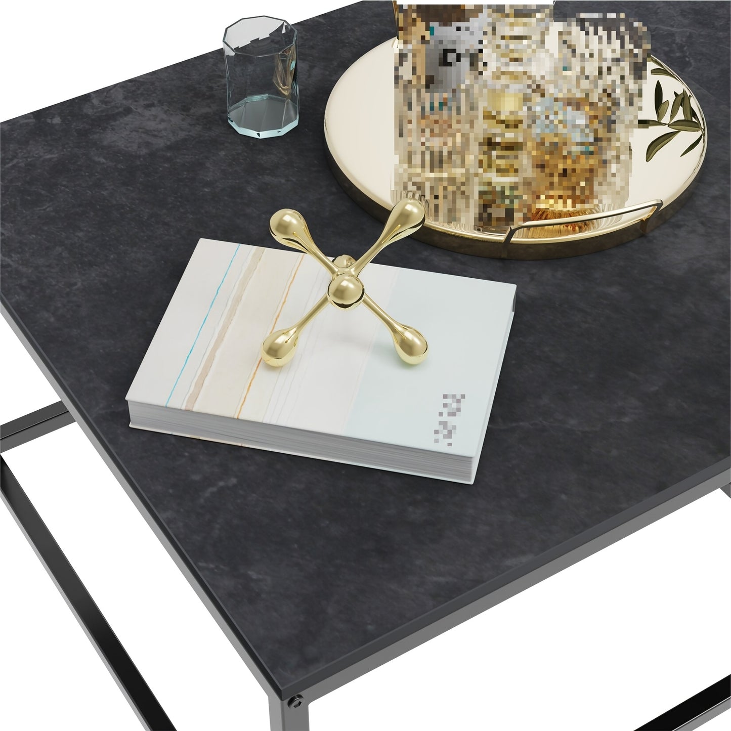 Square Nesting Coffee Table Set with Dark Finish, Modern Design, and Decorative Accessories