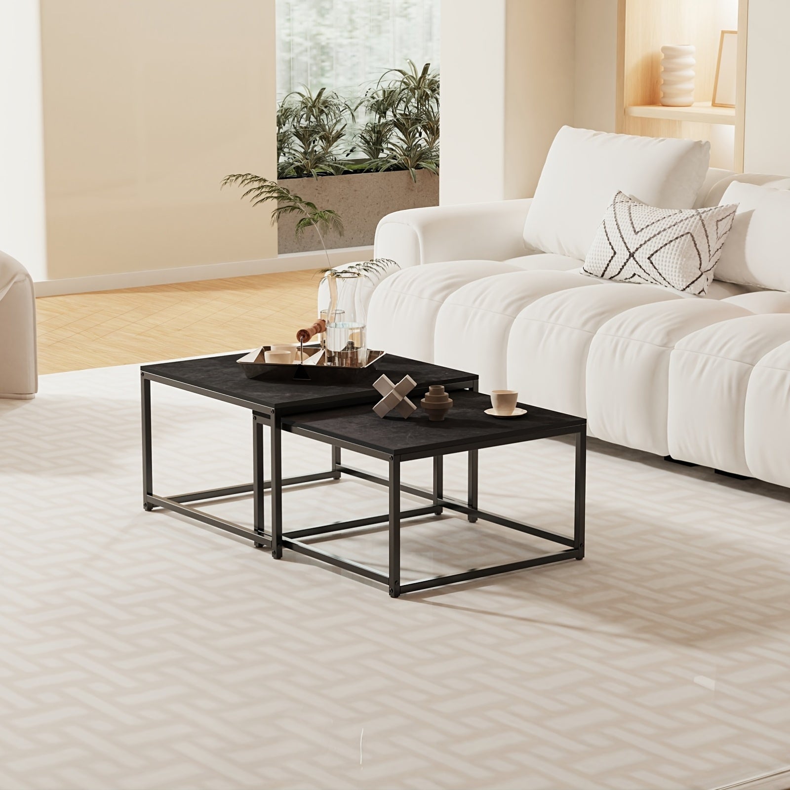 Square Nesting Coffee Table Set in black with modern design, perfect for stylish living rooms