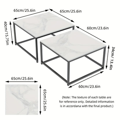 Square Nesting Coffee Table Set with a sleek marble top and modern black frame, perfect for stylish living rooms