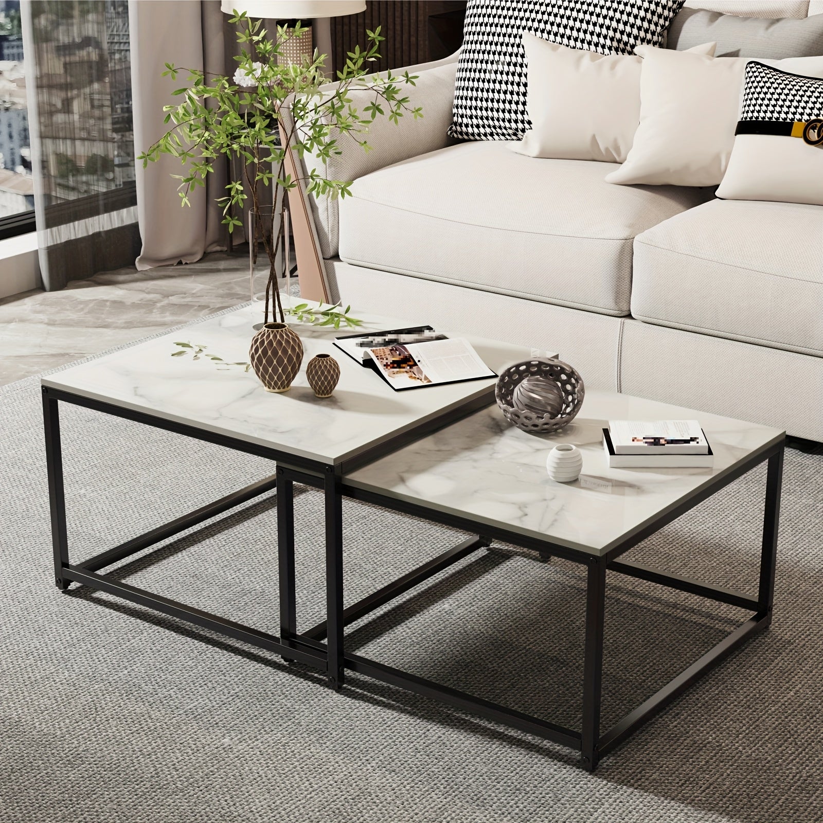 Square Nesting Coffee Table Set with Marble Top and Metal Base, Perfect for Modern Living Rooms