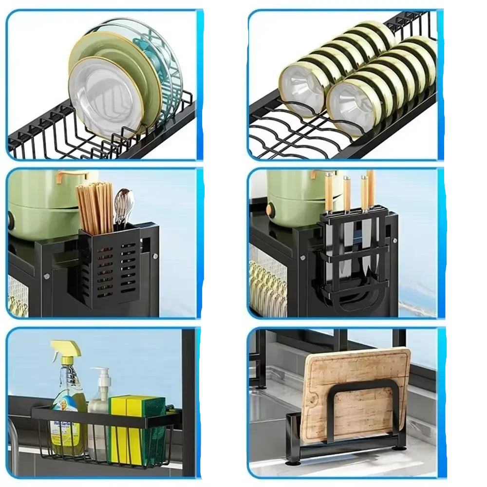 Nutshell Stainless Steel Sink Dish Cabinet kitchen organizer with compartments for plates, cups, utensils, cleaning supplies, and cutting boards