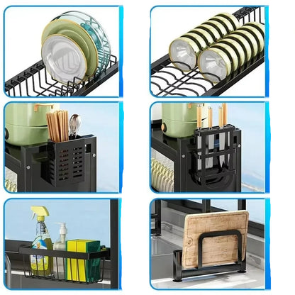 Nutshell Stainless Steel Sink Dish Cabinet kitchen organizer with compartments for plates, cups, utensils, cleaning supplies, and cutting boards