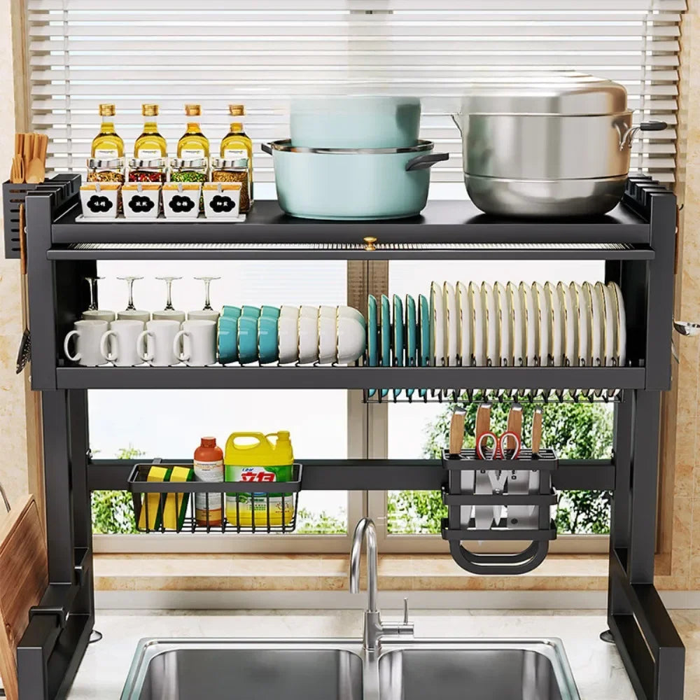 Nutshell kitchen organizer Stainless Steel Sink Dish Cabinet with multiple shelves for pots, plates, bottles, and utensils