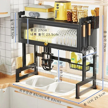 Nutshell Stainless Steel Sink Dish Cabinet black kitchen organizer over double sink with storage racks and utensil holders
