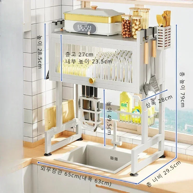 Nutshell stainless steel sink dish cabinet kitchen organizer with multiple compartments and utensil holders