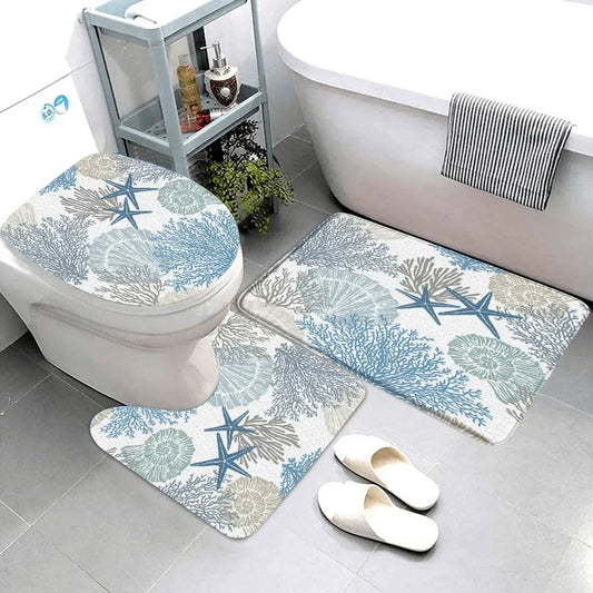 Starfish seashell bathroom rug set featuring coral designs in blue and neutral tones for a coastal look