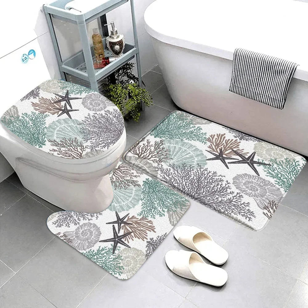 Starfish seashell bathroom rug set featuring coral designs in soft pastel colors for a coastal look