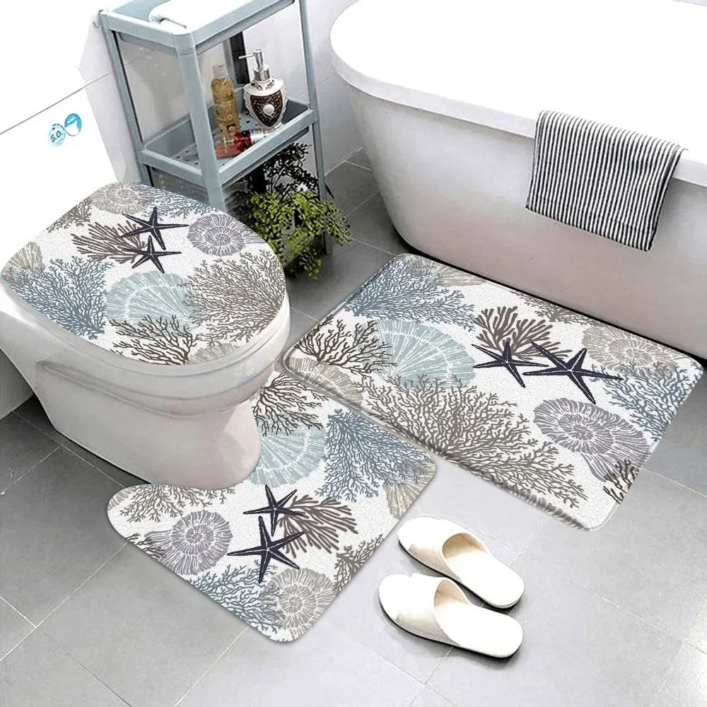 Starfish seashell bathroom rug set with coral pattern for a coastal-inspired bathroom decor