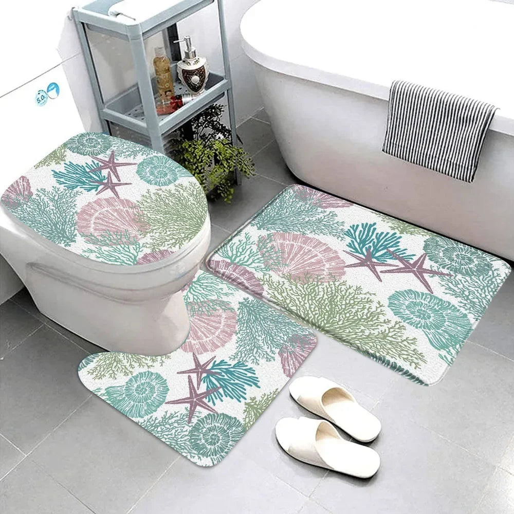 Starfish seashell bathroom rug set featuring colorful coral and sea shell designs for beach-themed decor