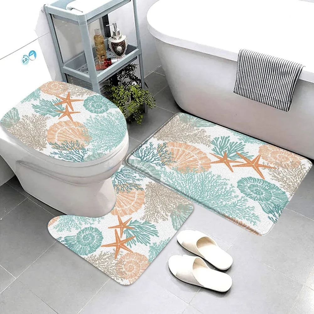 Starfish seashell bathroom rug set featuring colorful ocean designs for a beach-inspired decor