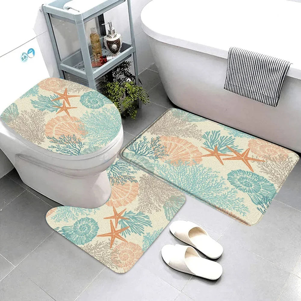 Starfish seashell bathroom rug set featuring colorful coral and seashell patterns for coastal decor