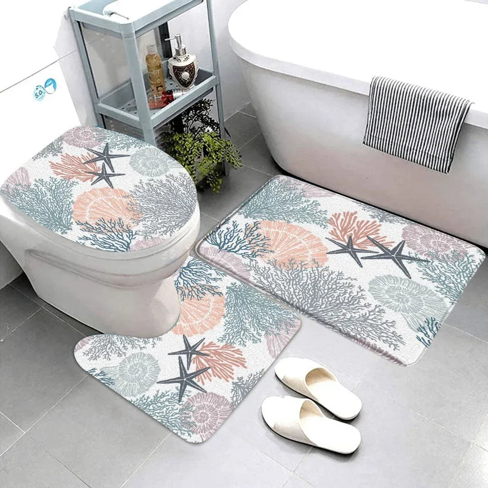Starfish seashell bathroom rug set featuring coral designs in soft pastel colors for a coastal vibe