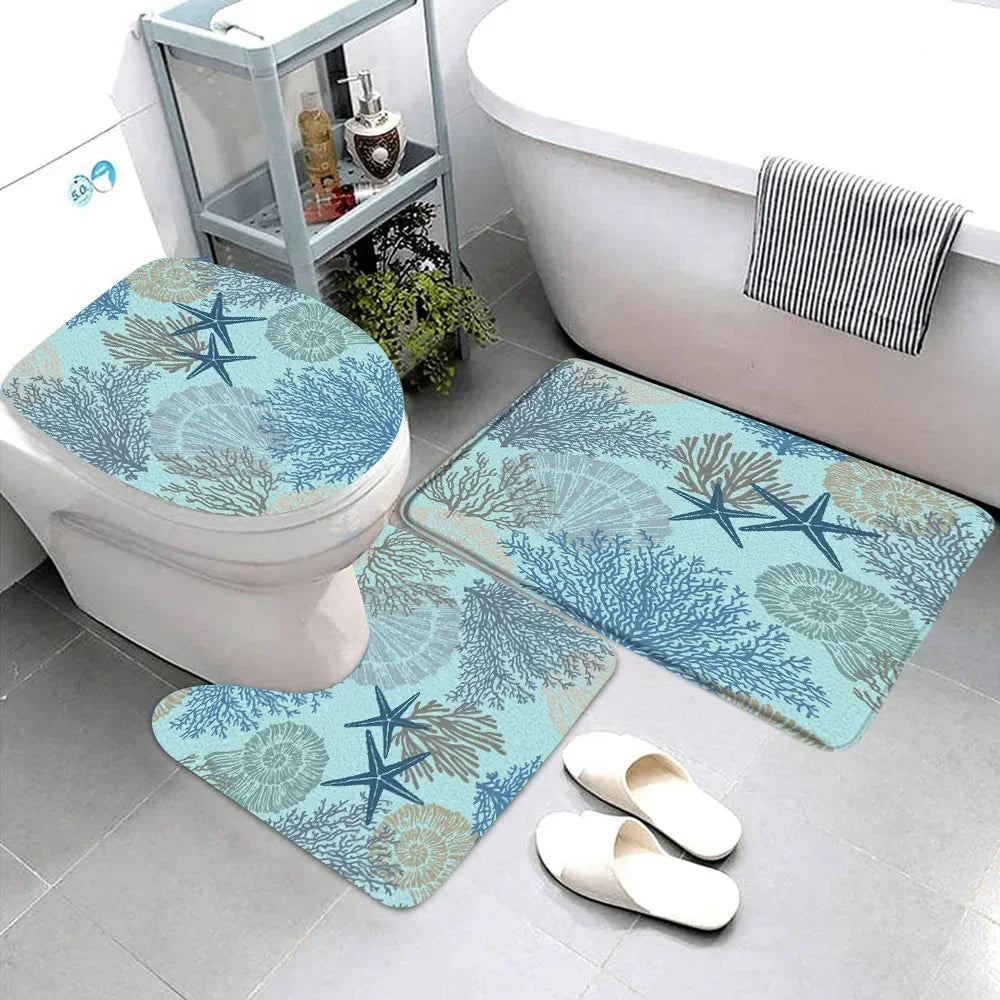 Starfish seashell bathroom rug set featuring coral designs in soothing blue tones for beach-themed decor