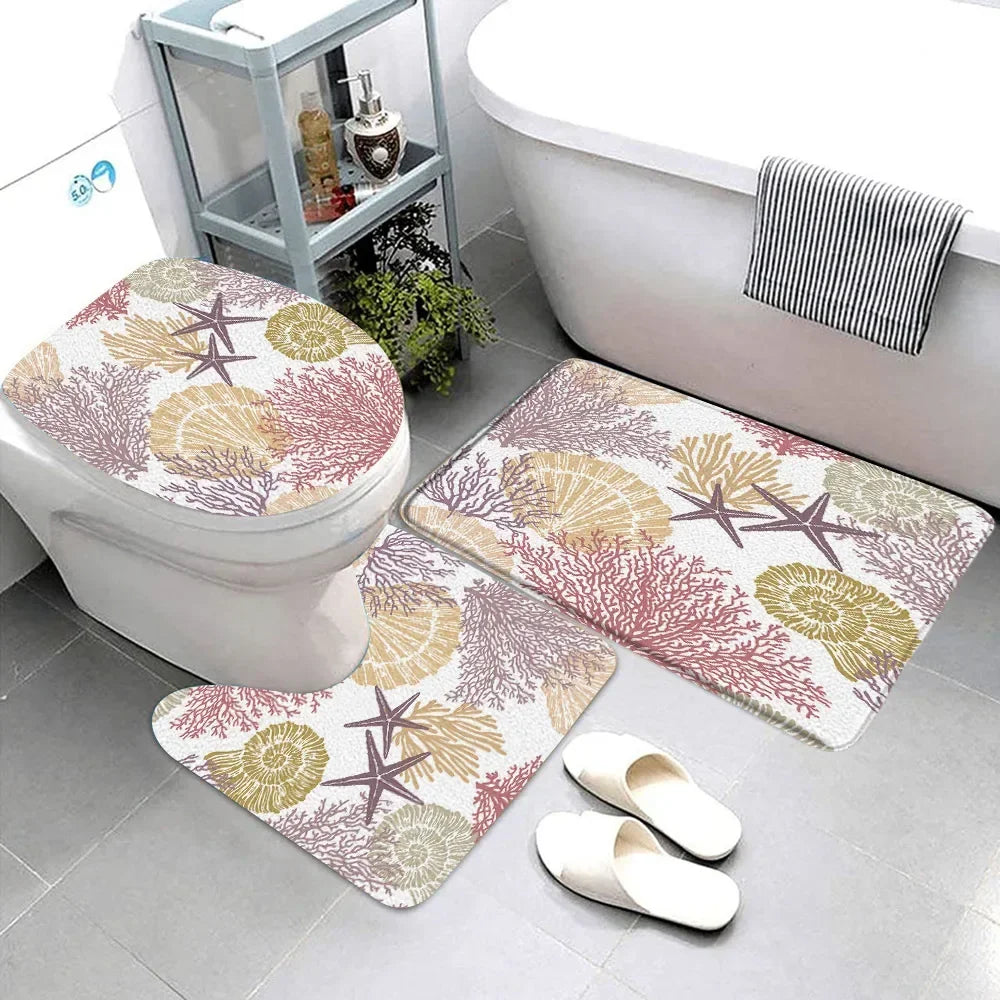 Starfish seashell bathroom rug set with colorful coral patterns for a coastal decor theme