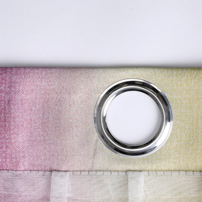 Nutshell Colorful Rainbow Twinkle Star Curtains close up showing silver grommet and pastel gradient sheer fabric