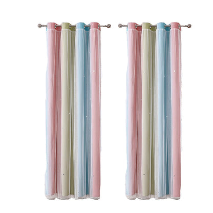 Colorful Rainbow Twinkle Star Curtains pastel striped grommet panels with sheer star twinkle overlay