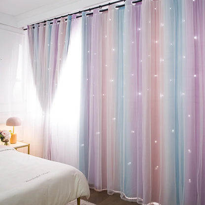 Colorful Rainbow Twinkle Star Curtains pastel sheer bedroom drapes with soft twinkle lights for cozy decor