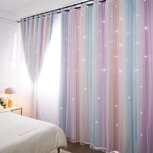 Colorful Rainbow Twinkle Star Curtains pastel sheer bedroom drapes with soft twinkle lights for cozy decor