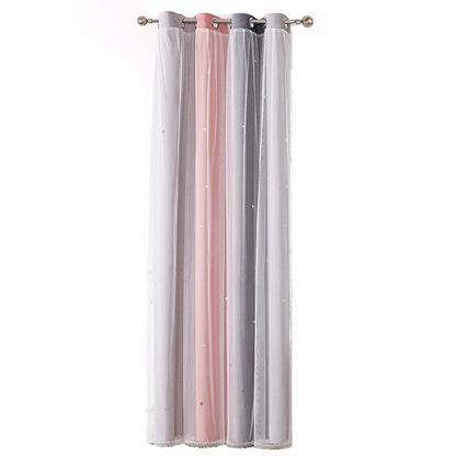Sheer grommet top panels in white pink and gray with tiny star sequins Colorful Rainbow Twinkle Star Curtains for nursery