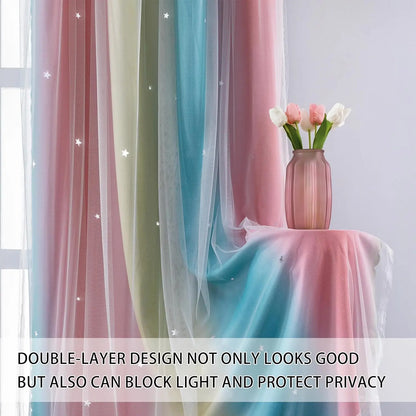 Colorful Rainbow Twinkle Star Curtains sheer pastel gradient with star accents double layer privacy and light blocking drape