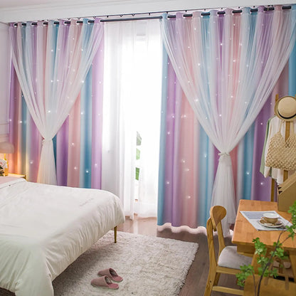 Nutshell Colorful Rainbow Twinkle Star Curtains pastel striped panels with sheer white overlay in cozy bedroom setting