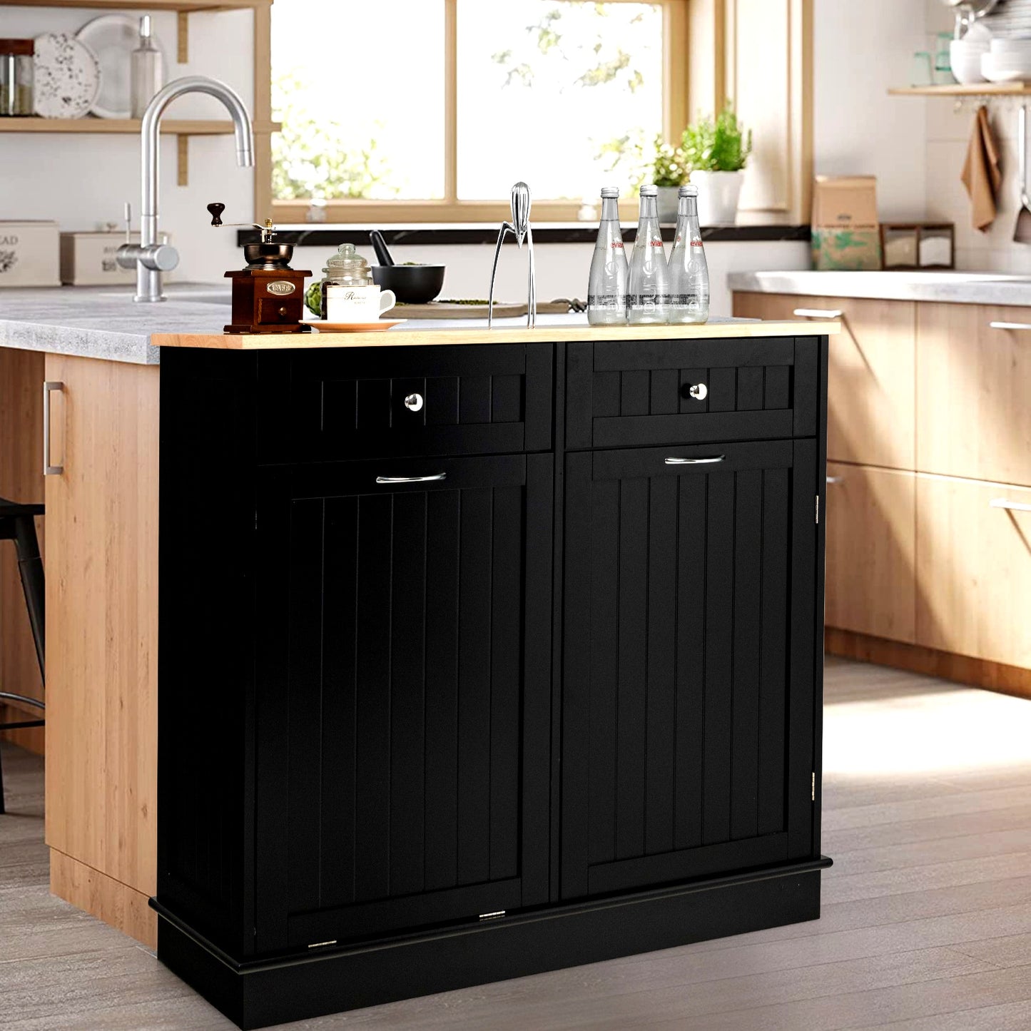 Nutshell storage cabinet clothes hamper or trash bin featuring a stylish black finish with two drawers