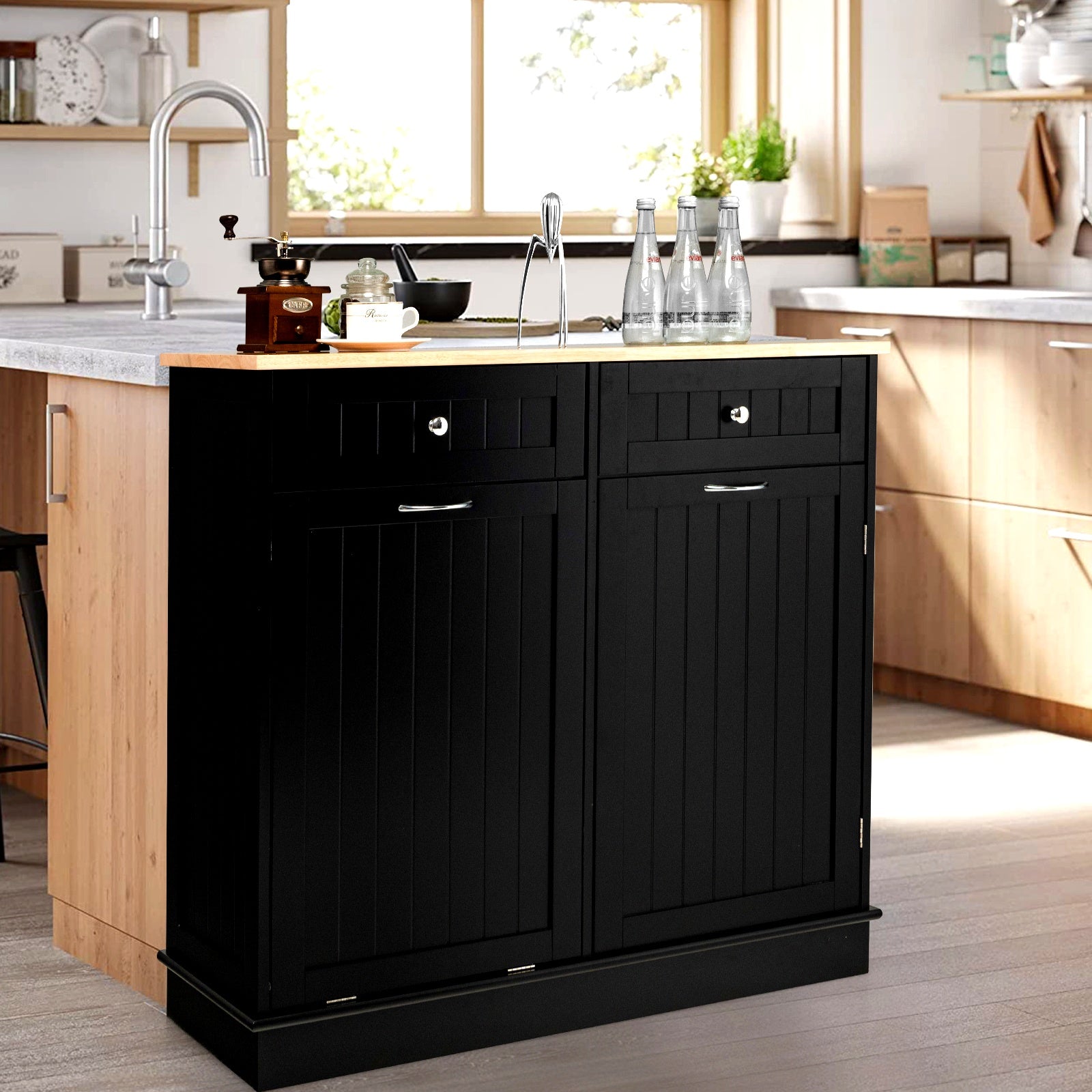 Nutshell storage cabinet clothes hamper or trash bin featuring a stylish black finish with two drawers