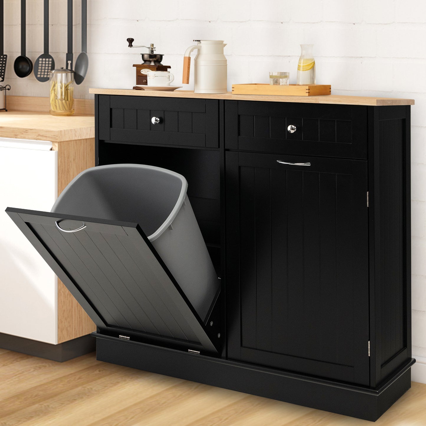 Nutshell Black Storage Cabinet Clothes Hamper or Trash Bin with Two Doors and a Wooden Top