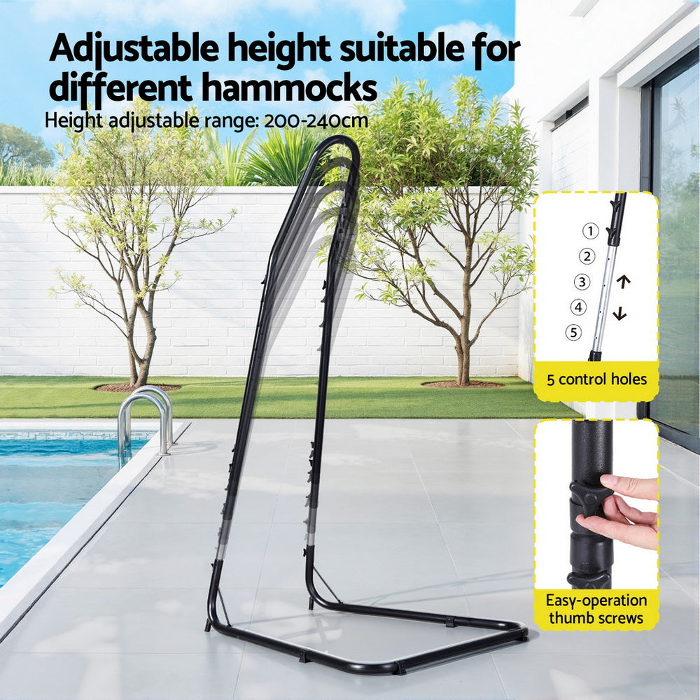 Nutshell black adjustable hammock chair with stand metal frame showing height adjustment range and thumb screws