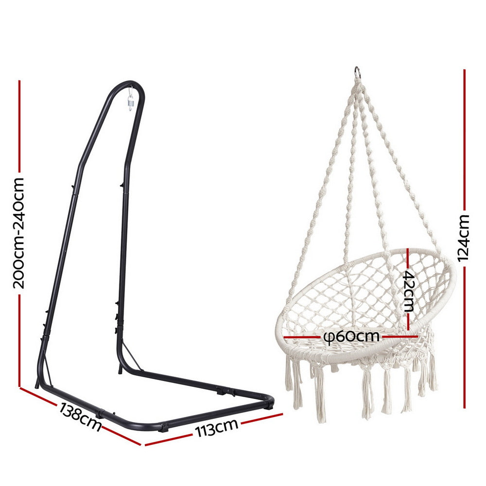 Nutshell macrame hammock chair with stand white woven seat tassels and black adjustable metal frame
