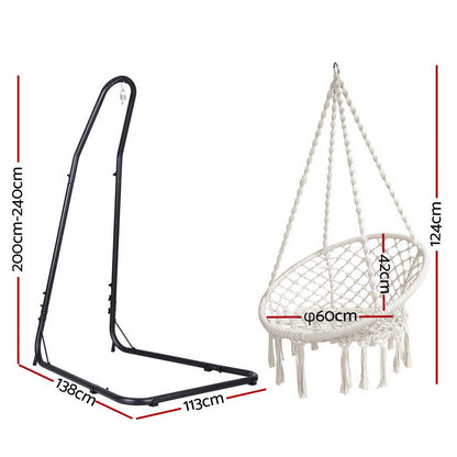Nutshell macrame hammock chair with stand white woven seat tassels and black adjustable metal frame