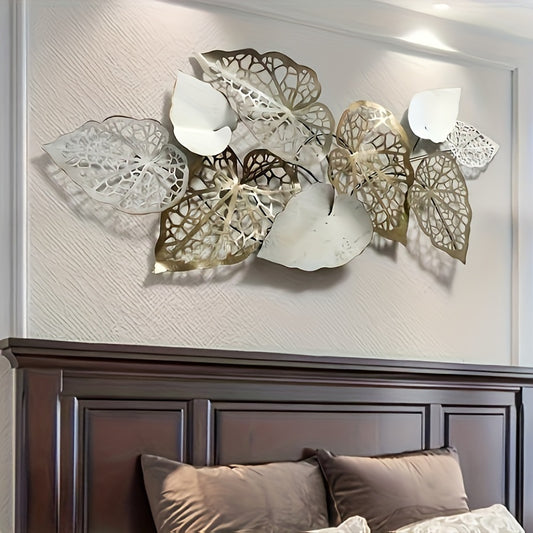 Super Large luxury leaf wall hanging in metallic shades, enhancing bedroom decor above a wooden headboard
