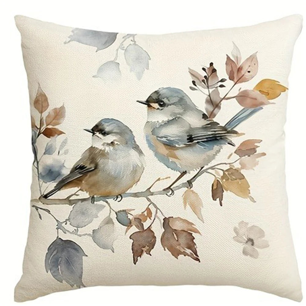 Nutshell sweet home decorative pillow cover with watercolor birds and autumn leaves design