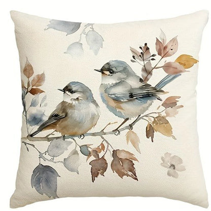 Nutshell sweet home decorative pillow cover with watercolor birds and autumn leaves design