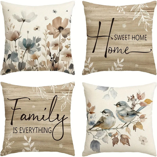 Set of four sweet home decorative pillow cover designs with floral, bird, and family quotes