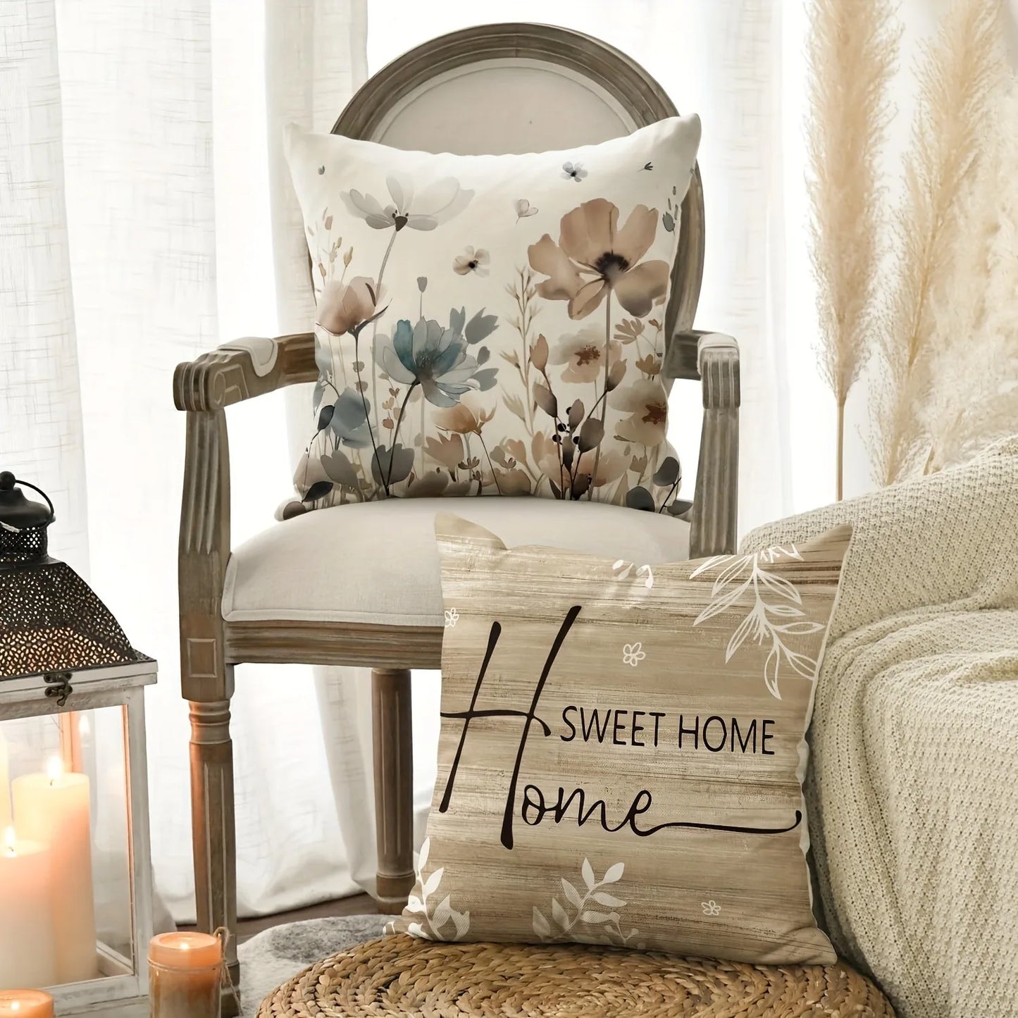 Nutshell sweet home decorative pillow cover with floral and text designs in cozy living room setting